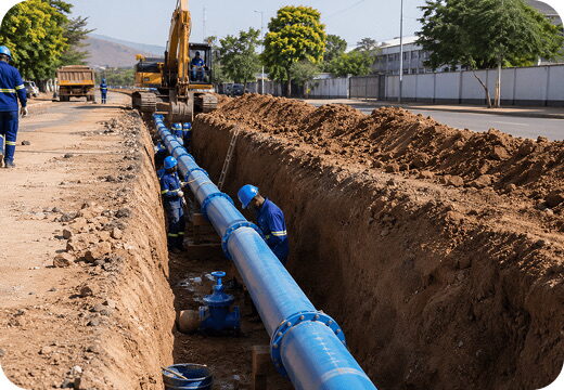Workers laying water pipes in an open trench